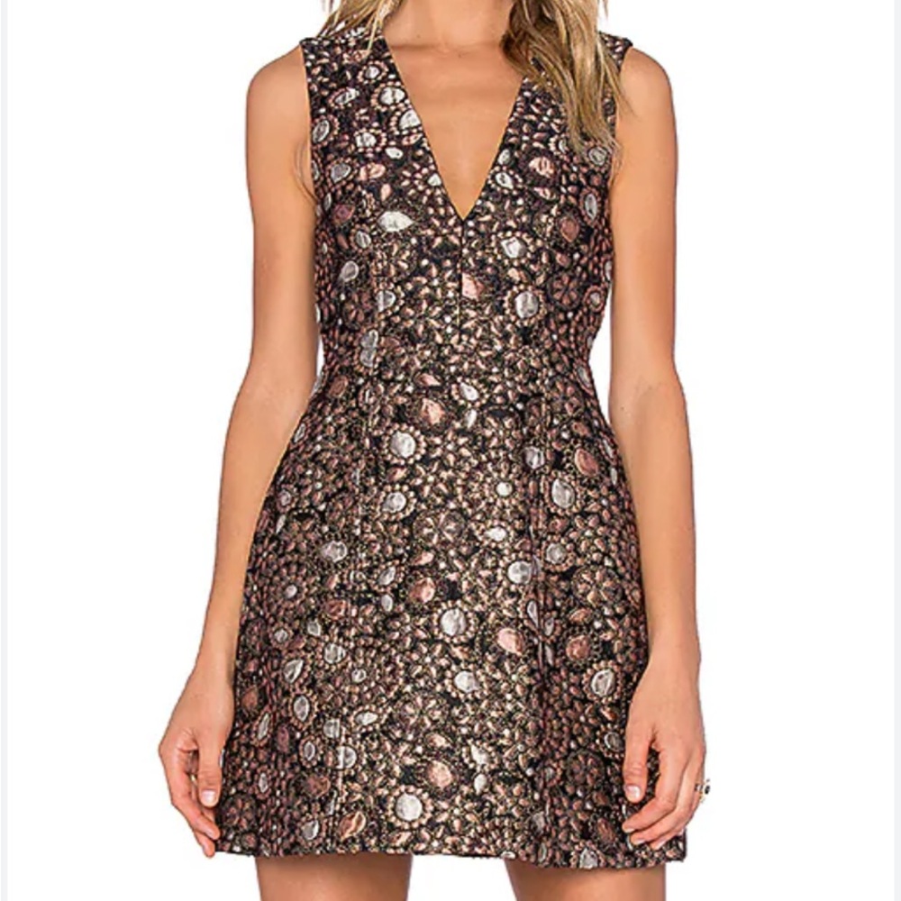 Alice + Olivia V-Neck Metallic Brocade Mini Dress in Black and Rose